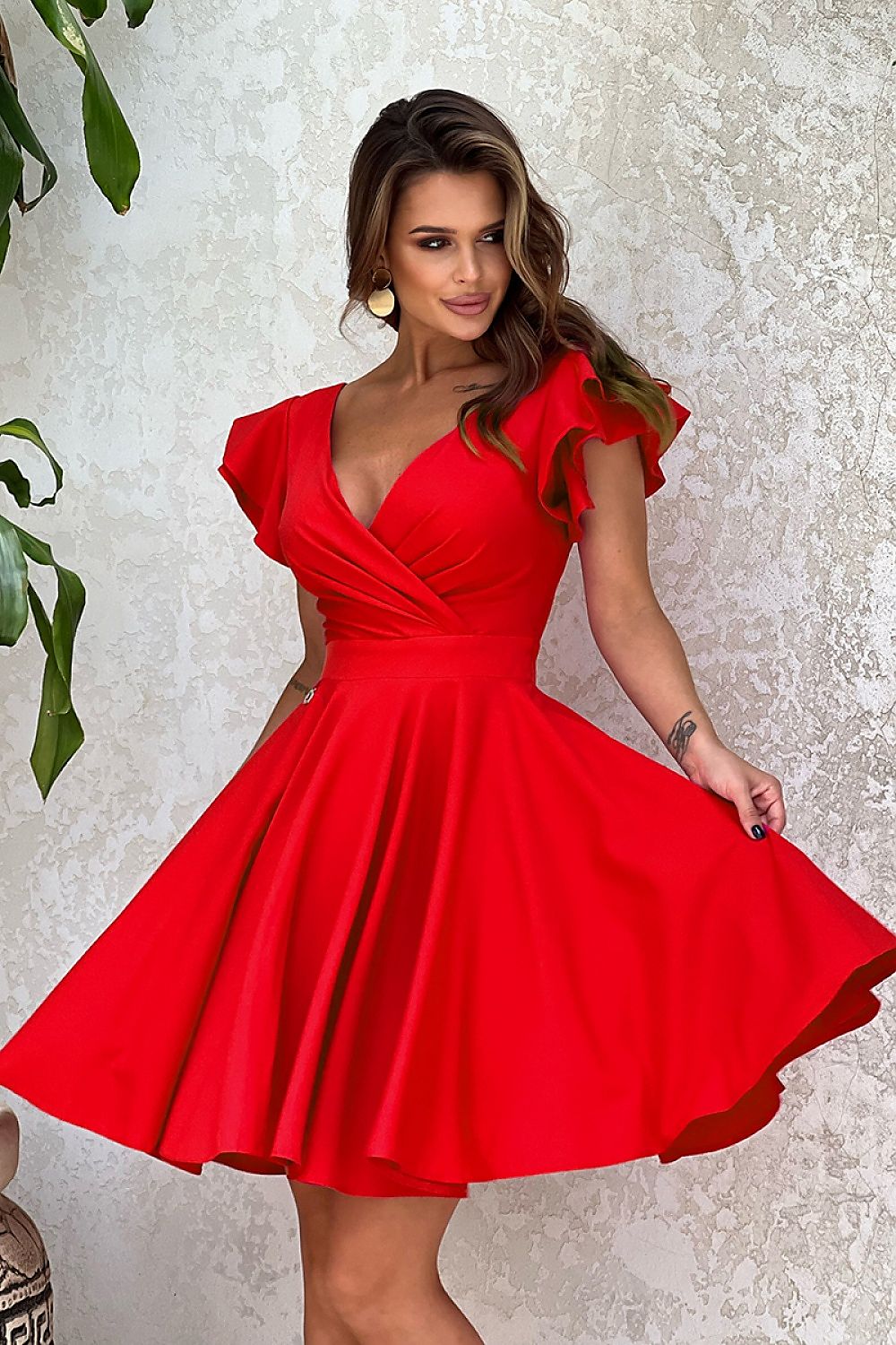 red flared ruffle cocktail dress front view