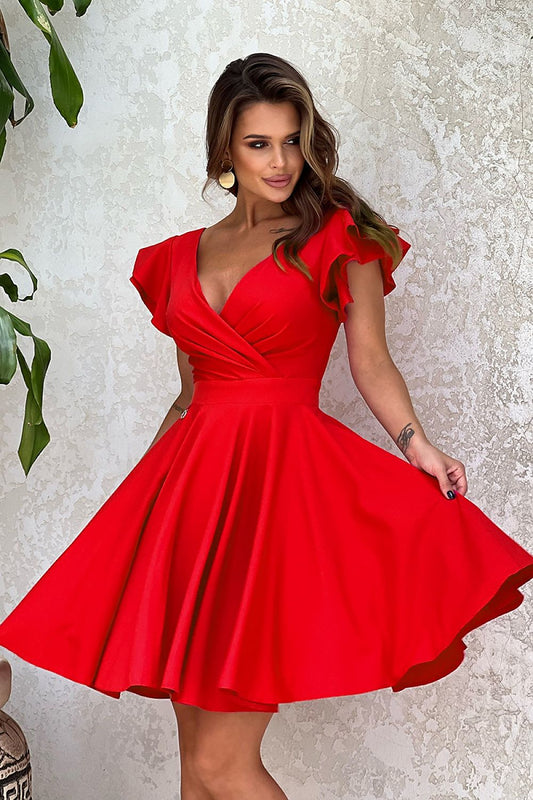 red flared ruffle cocktail dress front view