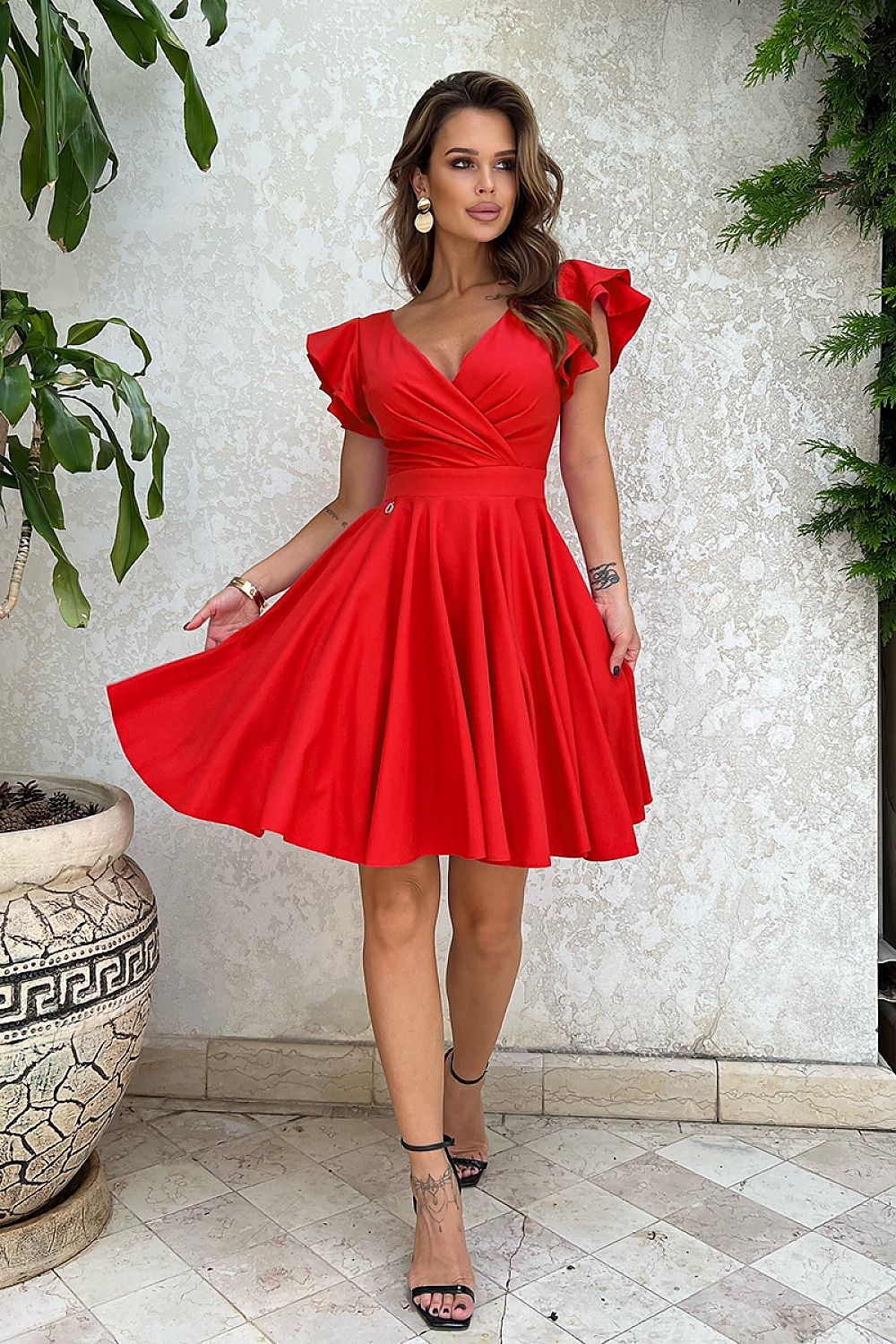 red flared ruffle cocktail dress alternate angle