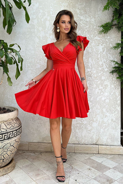 red flared ruffle cocktail dress alternate angle