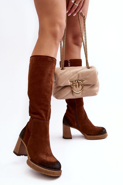 brown heel boots front view