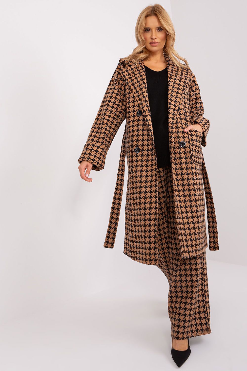 brown belted coat front view