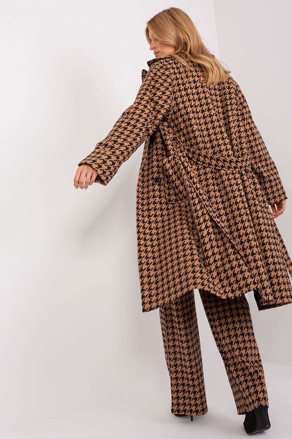 brown belted coat back view