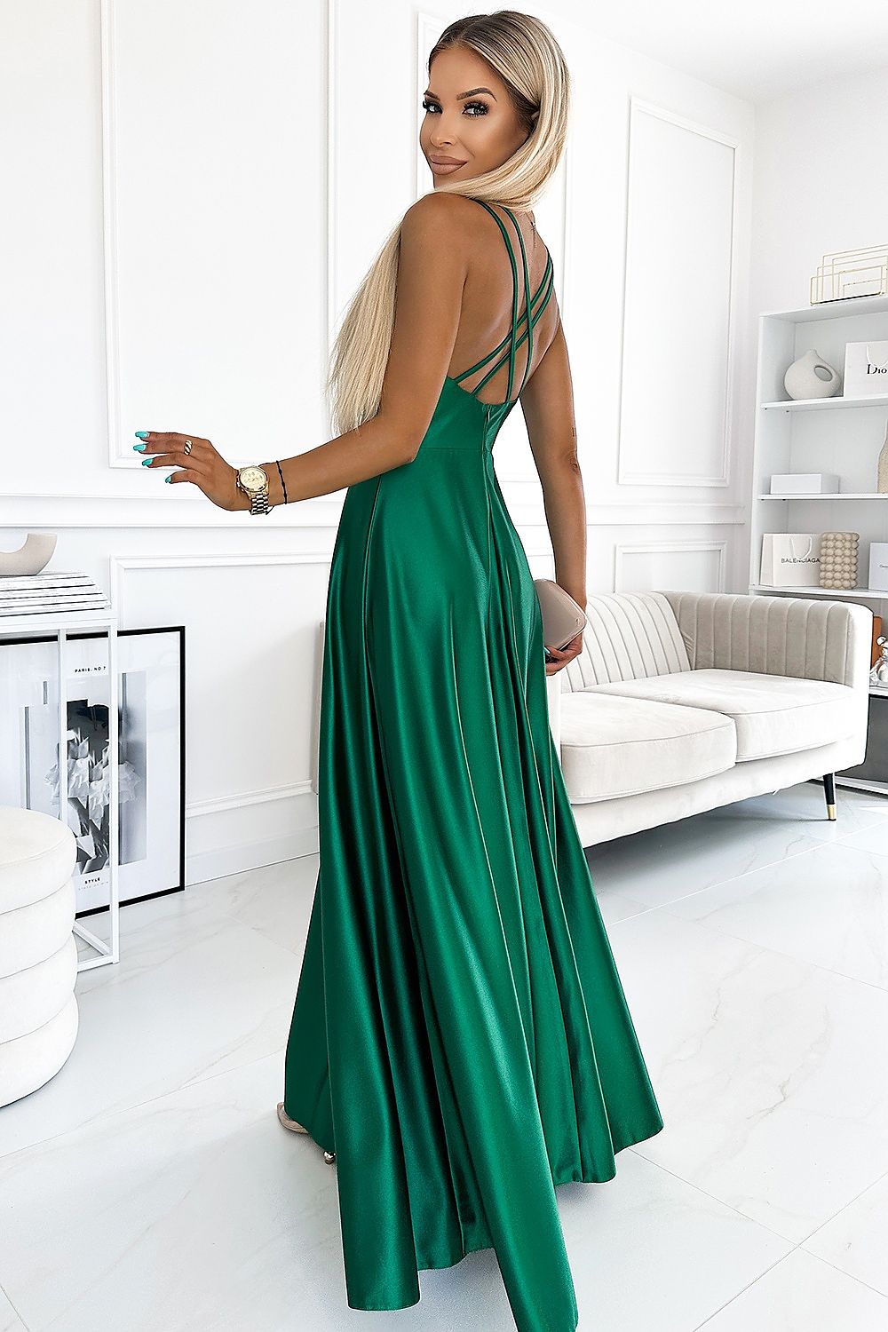 green satin maxi evening dress alternate angle