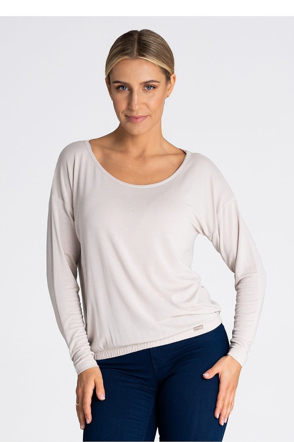 beige long sleeve blouse front view