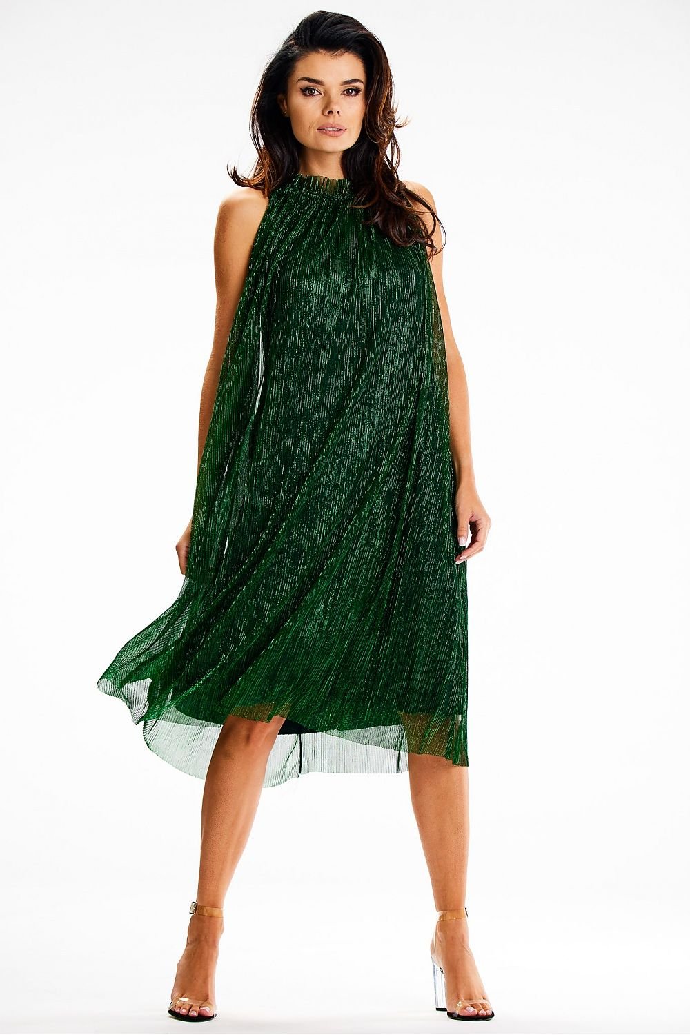 green satin belted evening dress front view