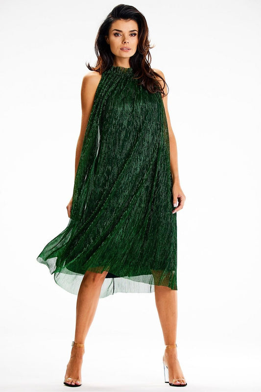 green satin belted evening dress front view