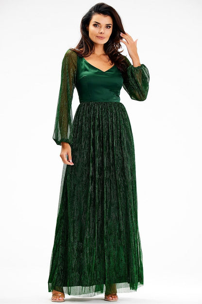 green satin maxi long dress front view
