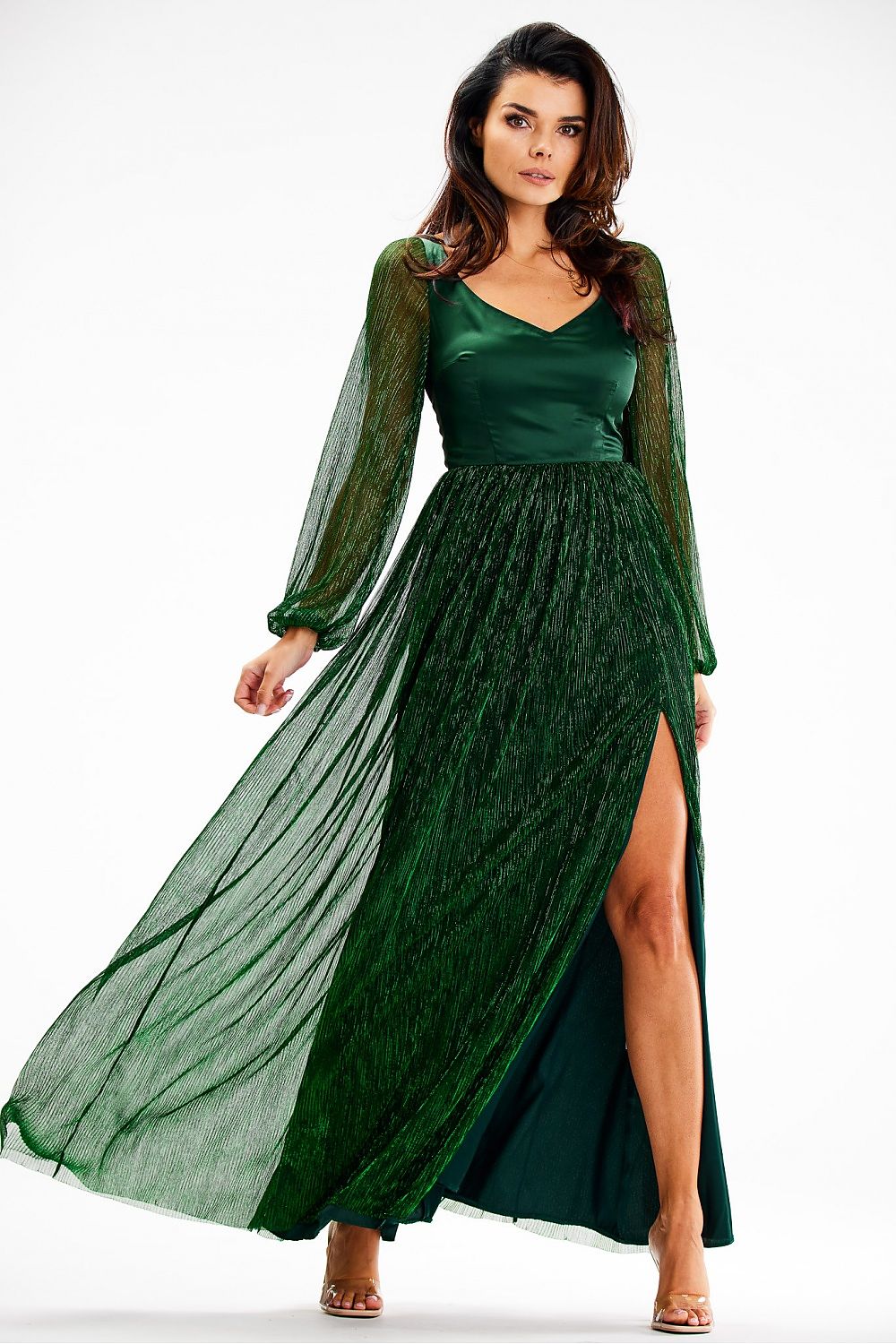 green satin maxi long dress alternate angle