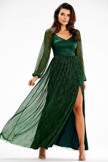 green satin maxi long dress alternate angle