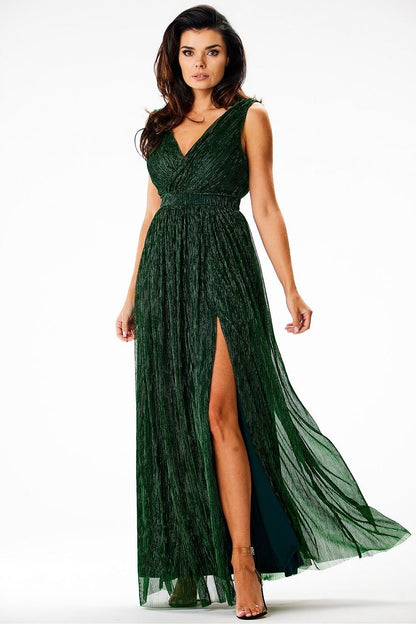 green satin flared long dress front view