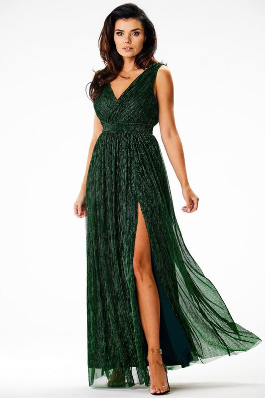 green satin flared long dress front view