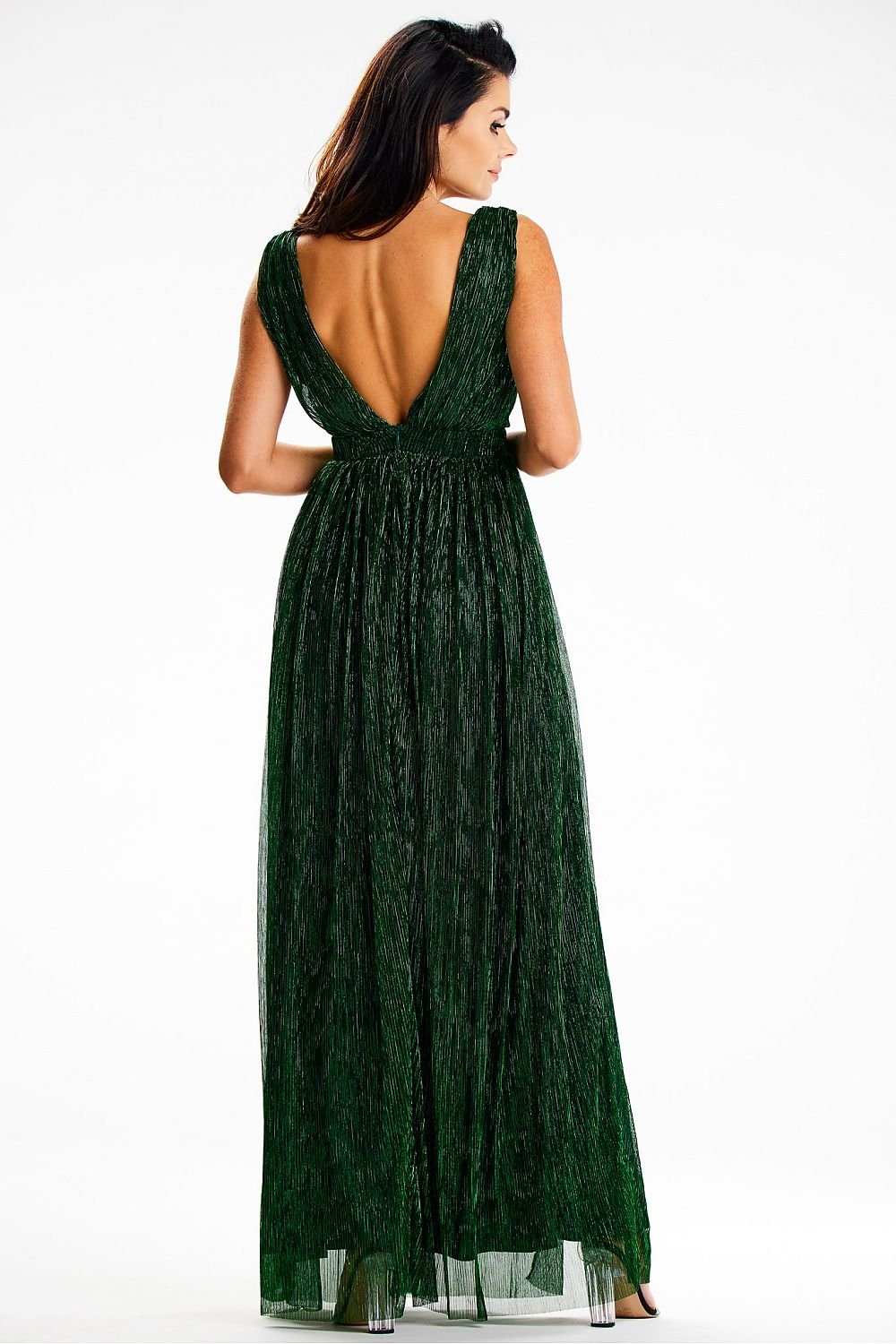 green satin flared long dress detail view