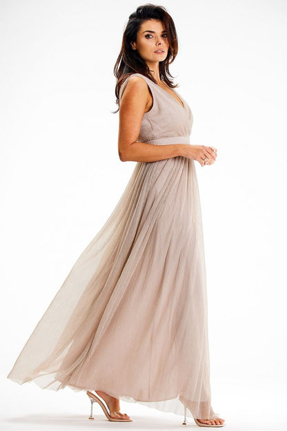 green satin flared long dress view 8