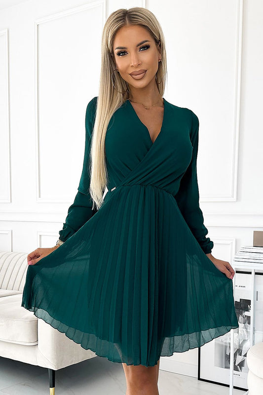 green pleated long sleeve cocktail dress front view