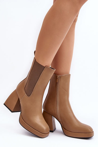 brown heel boots front view