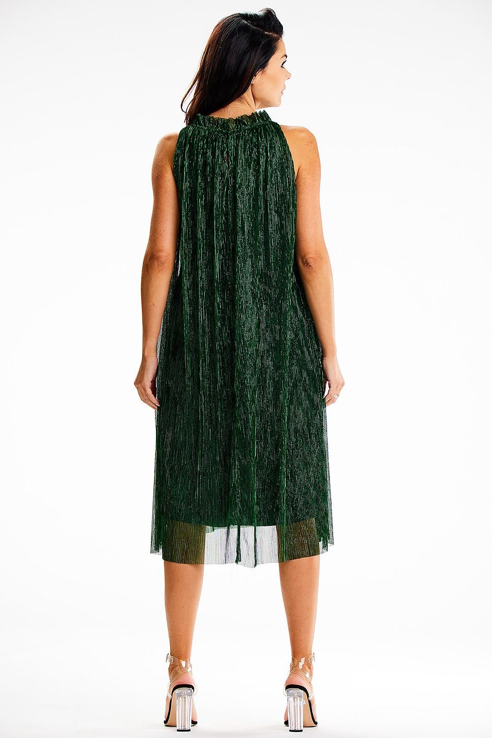 green satin belted evening dress detail view