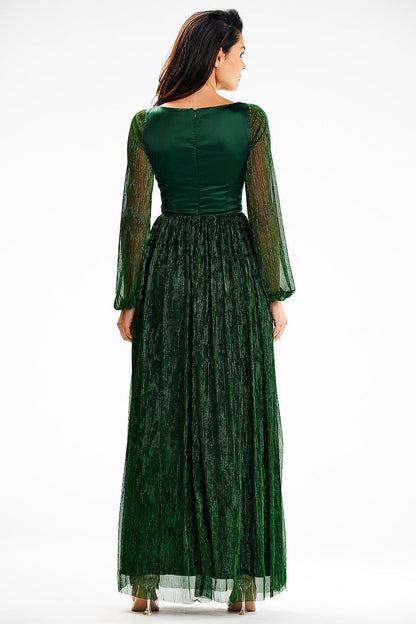 green satin maxi long dress detail view