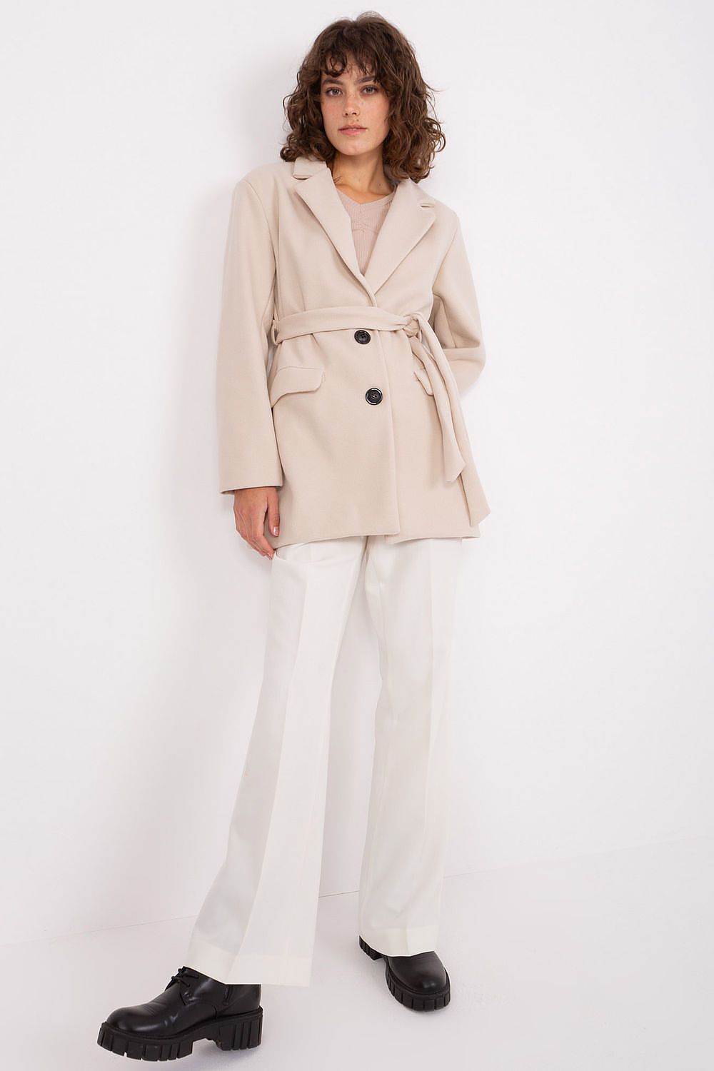 beige long sleeve coat front view
