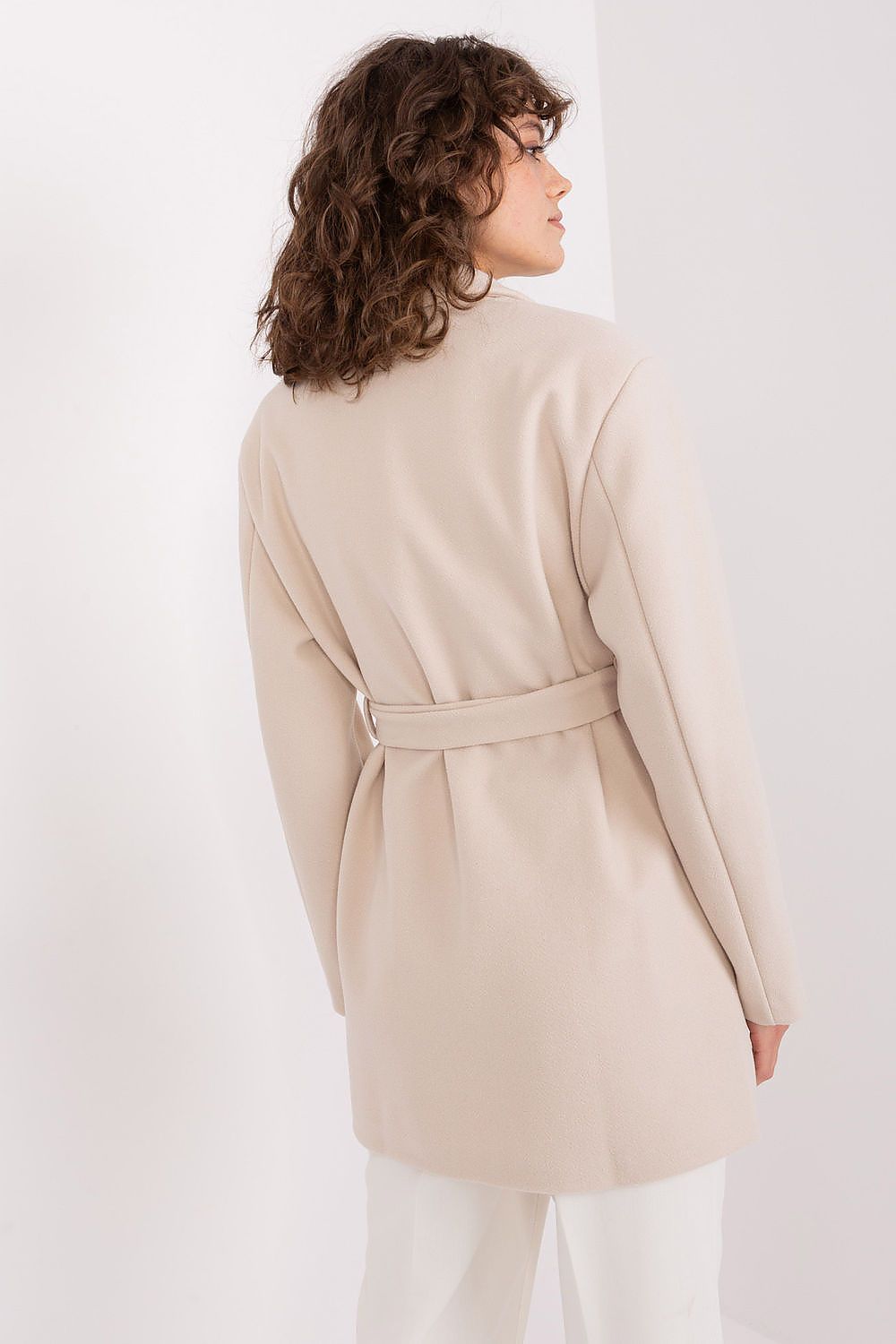 beige long sleeve coat detail view