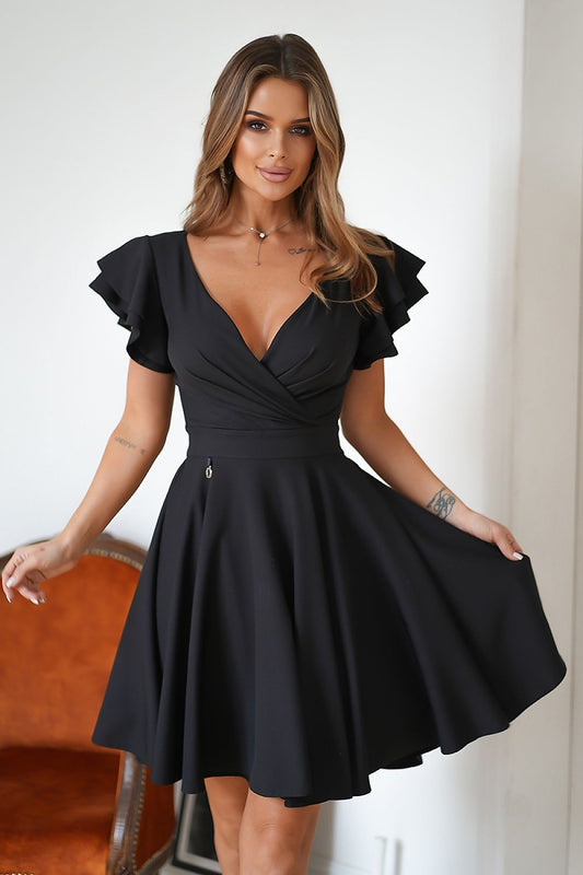 black flared ruffle cocktail dress front view