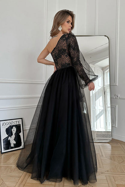 black lace flared long dress detail view