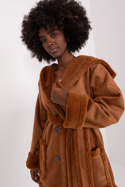 brown belted coat front view