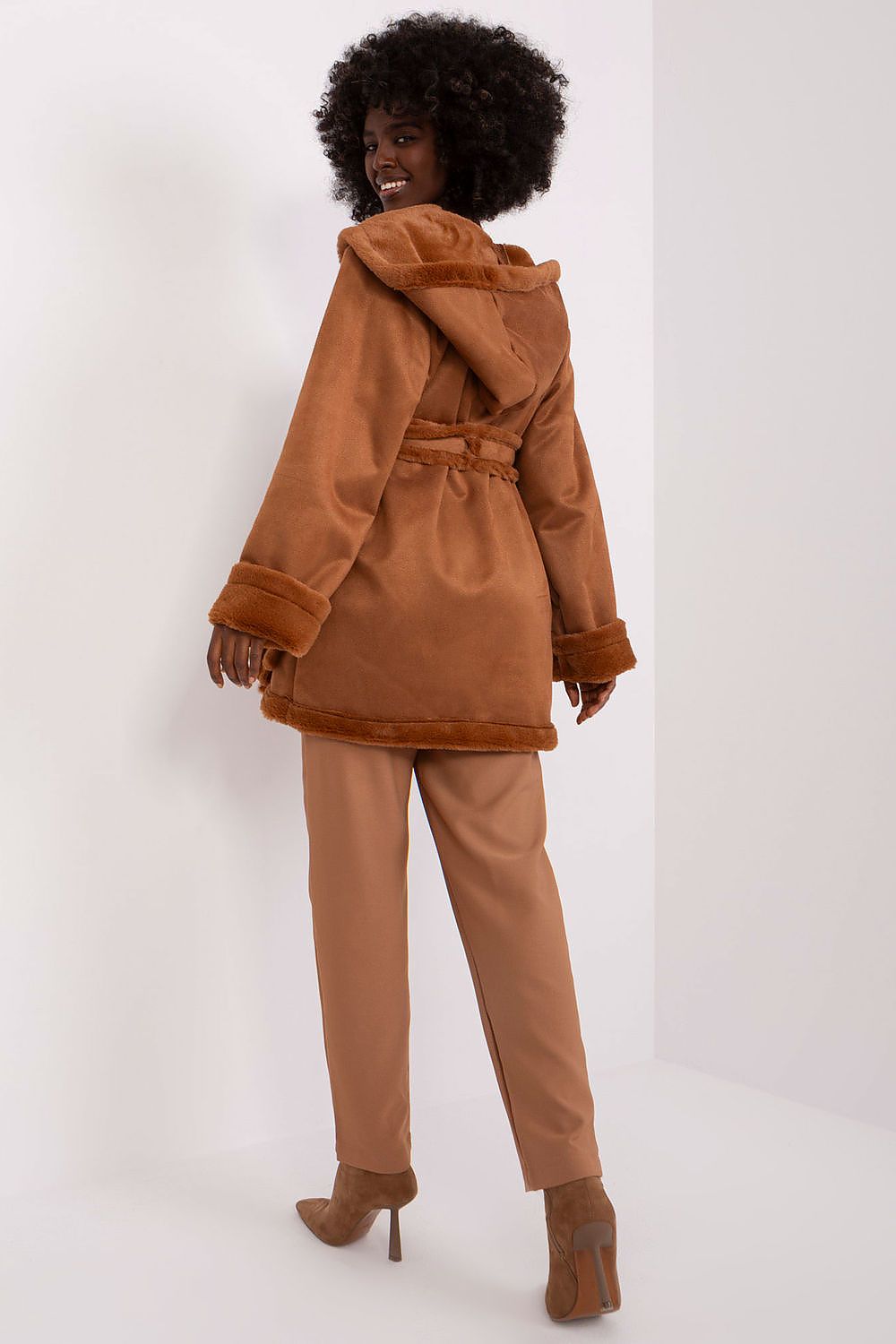 brown belted coat detail view