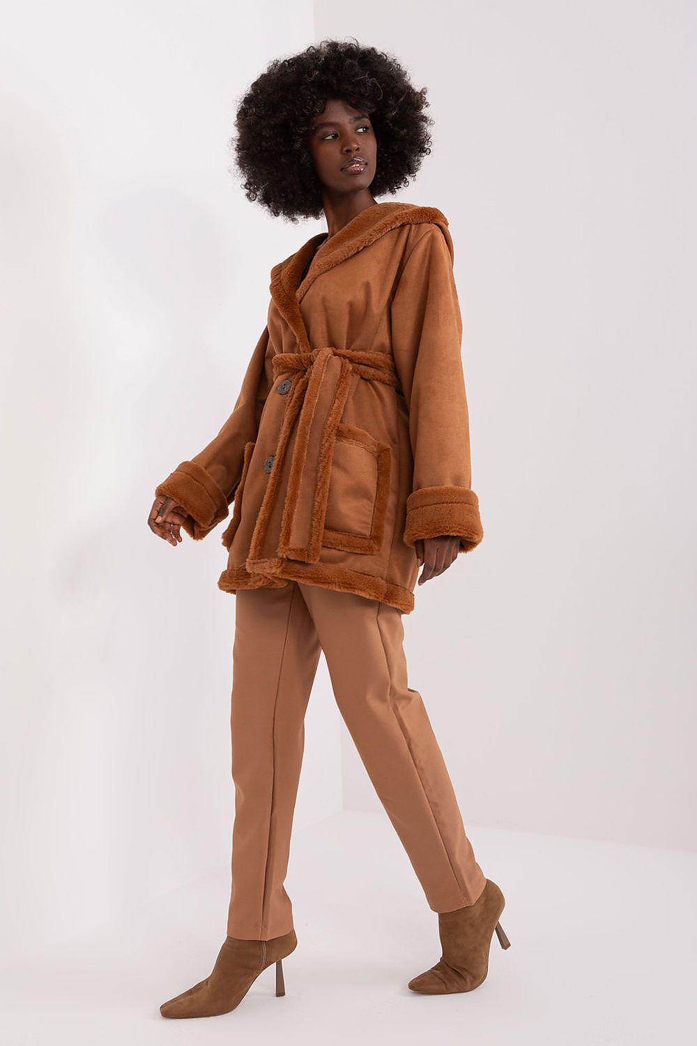 brown belted coat back view