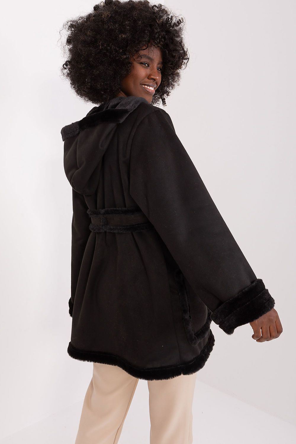 black belted coat detail view