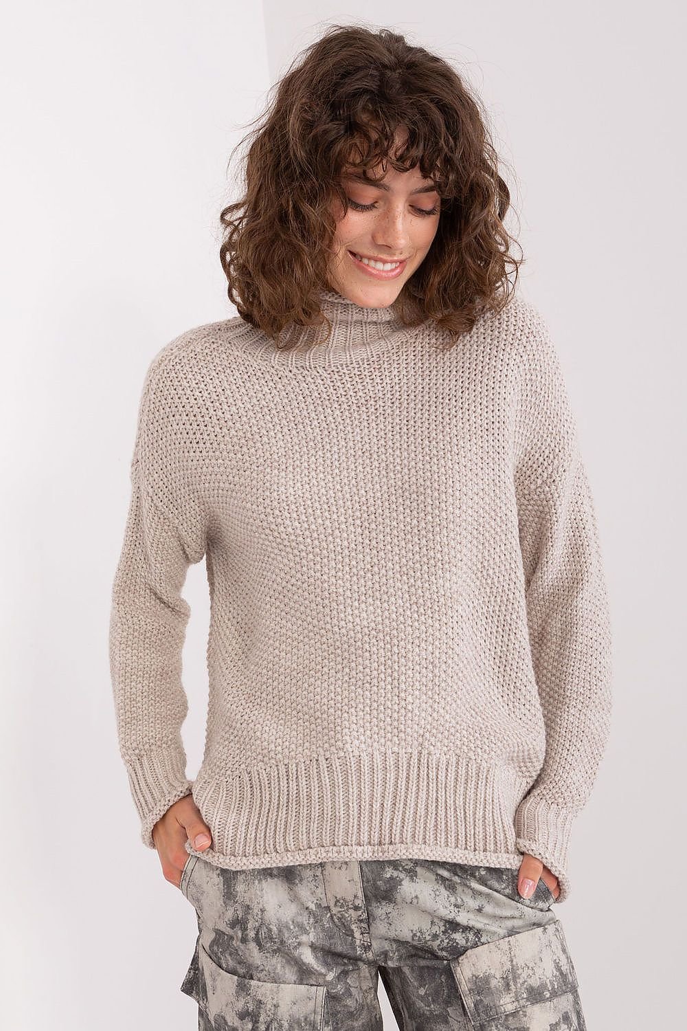 beige long sleeve turtleneck turtleneck front view