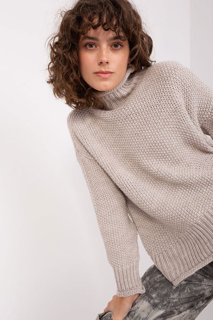 beige long sleeve turtleneck turtleneck back view