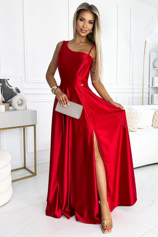 red satin maxi long dress front view