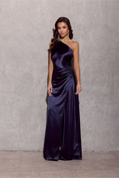 blue satin evening dress side view