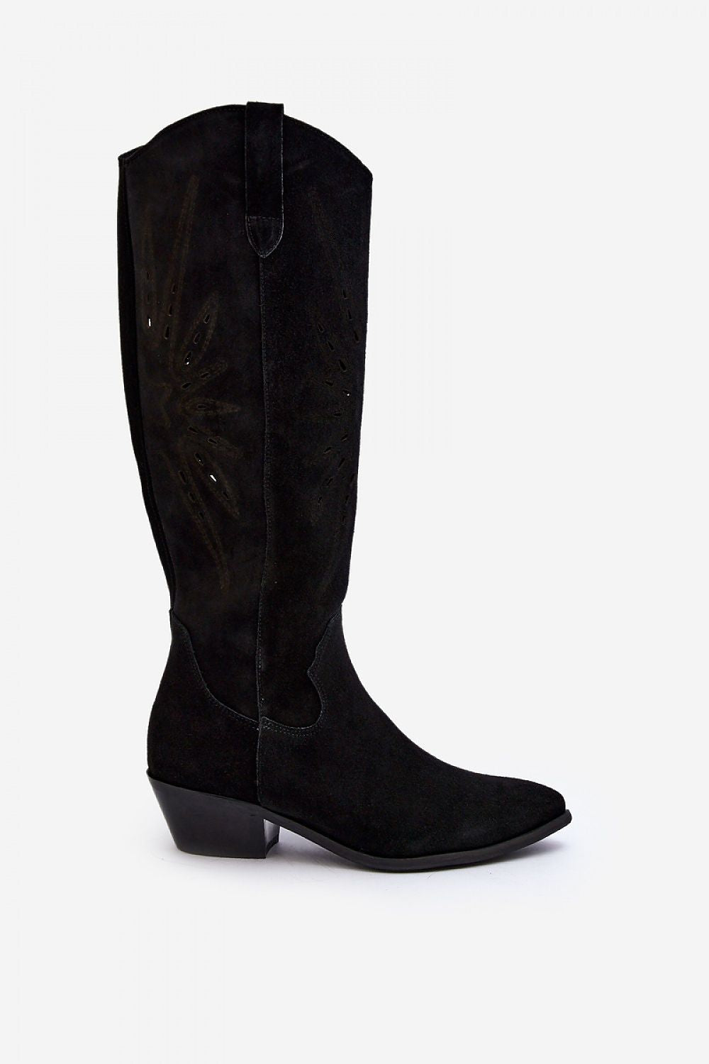 black open-work boots detail view