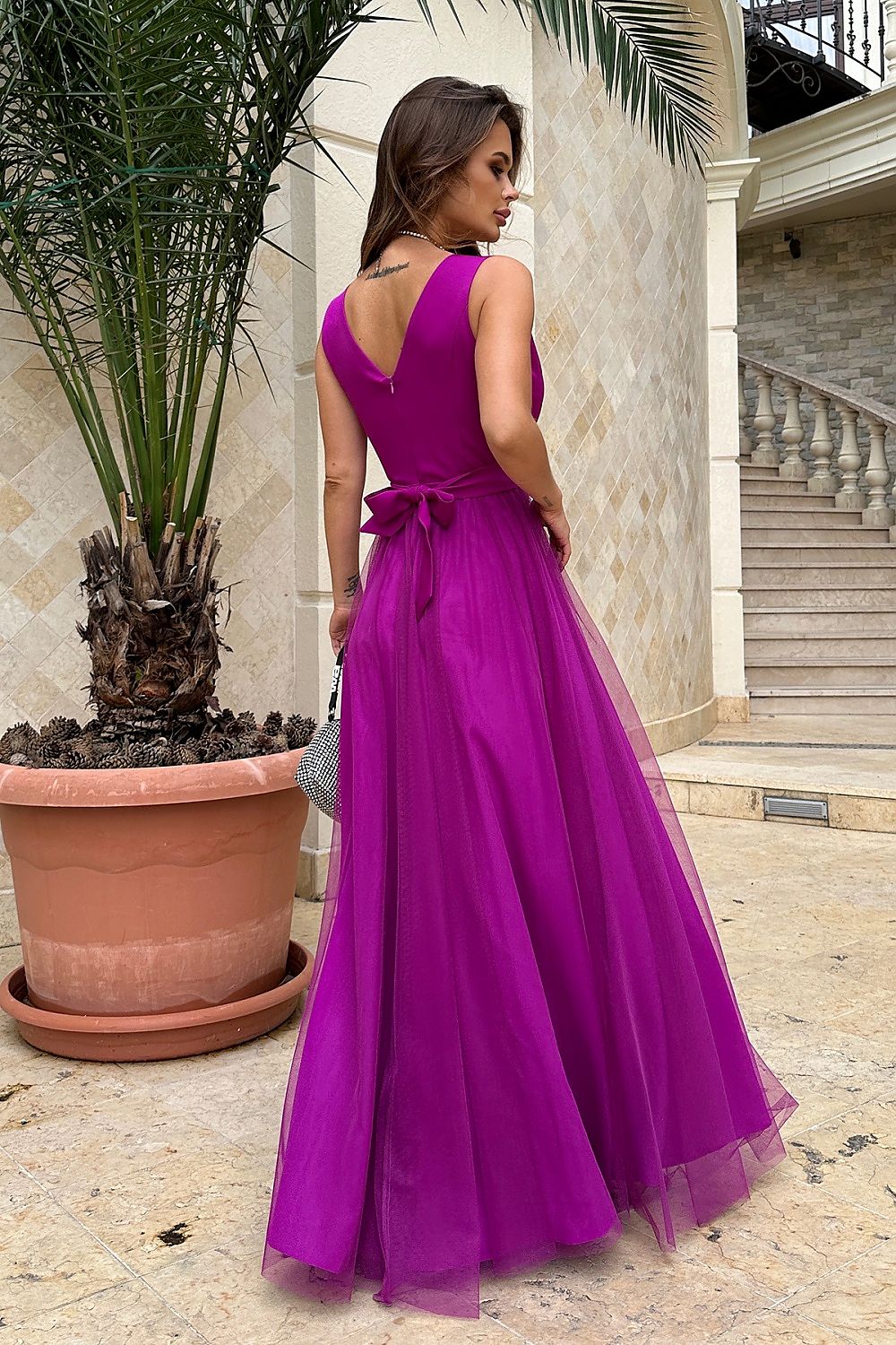 violet belted long dress detail view
