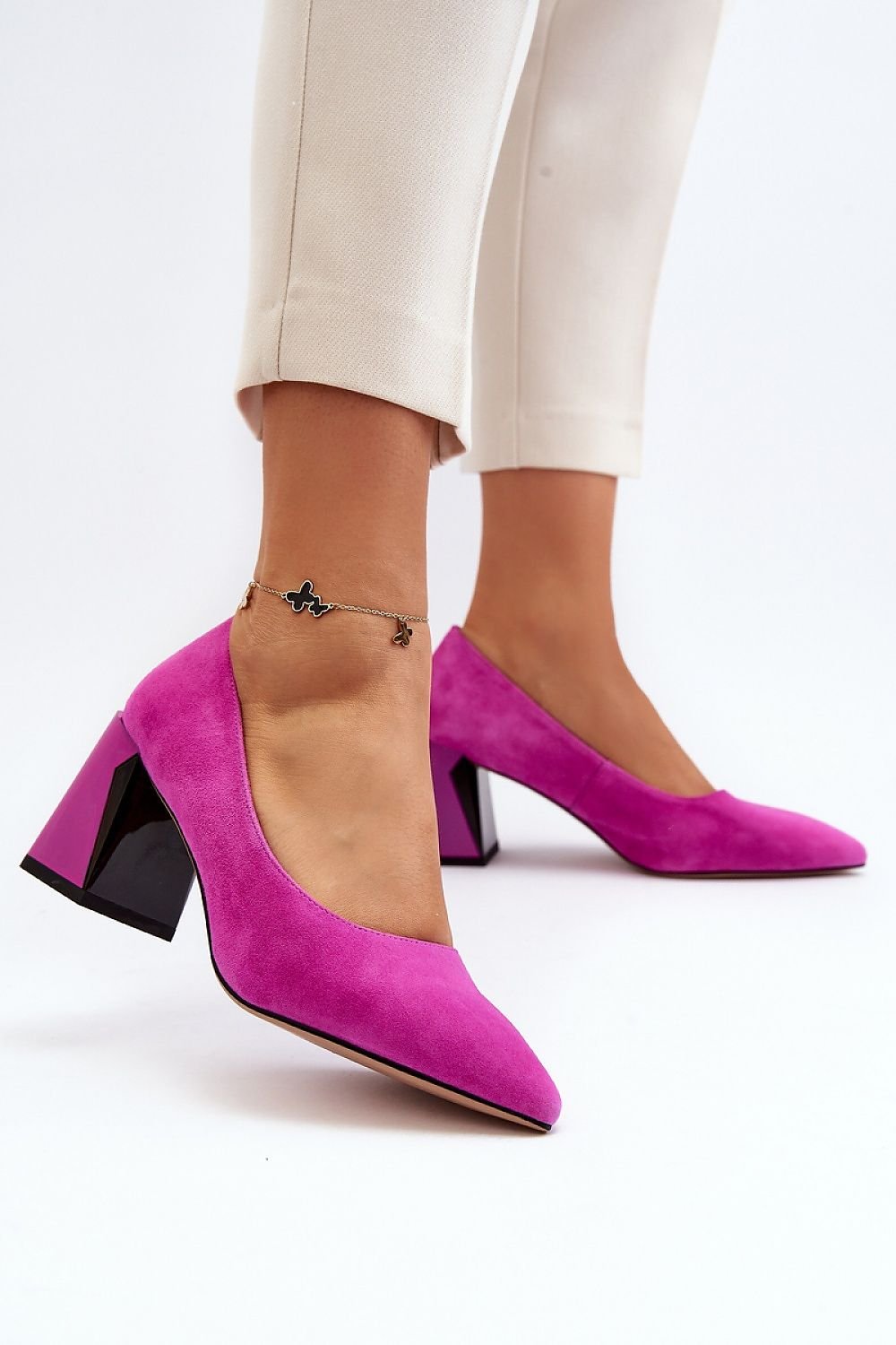 pink block heel pumps front view