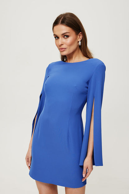 blue long sleeve mini cocktail dress front view
