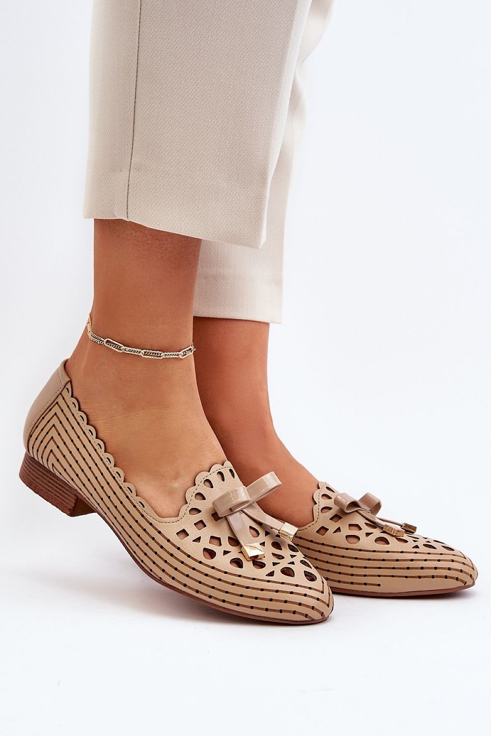 beige lace mini ballet flats front view