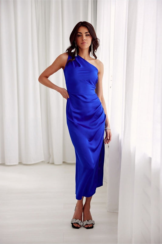 blue satin midi evening dress front view