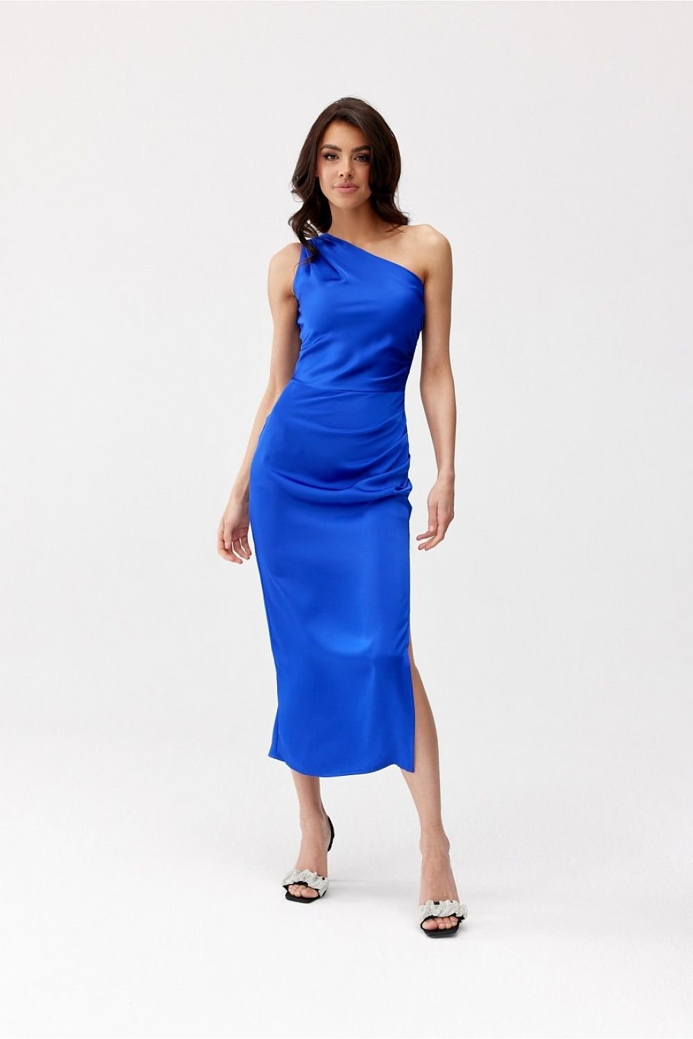 blue satin midi evening dress back view