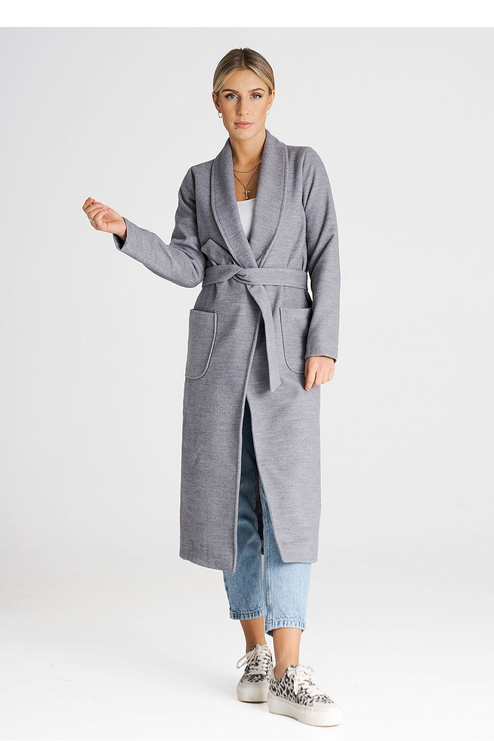 grey belted long sleeve coat front view