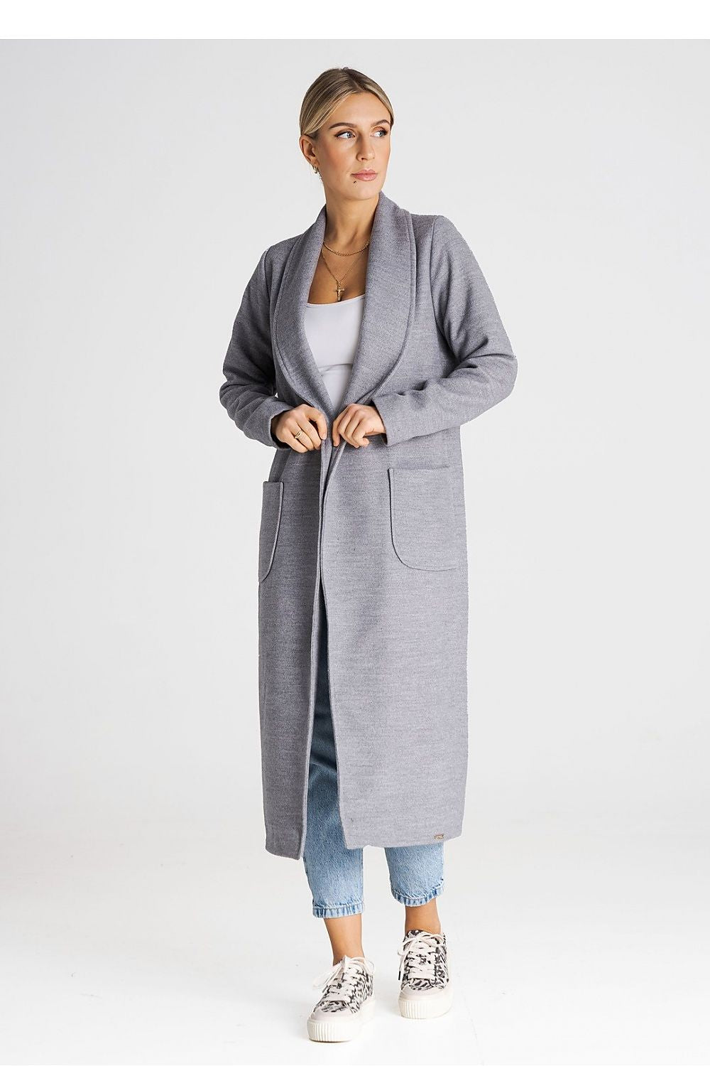 grey belted long sleeve coat alternate angle