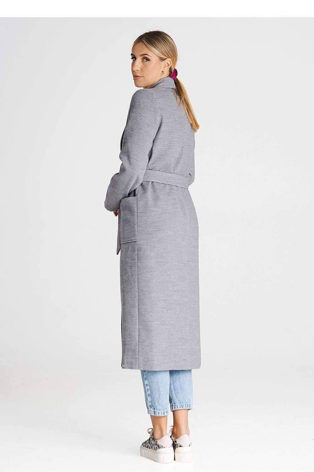 grey belted long sleeve coat detail view