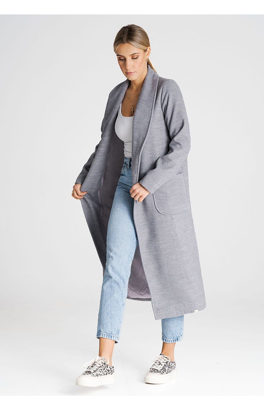 grey belted long sleeve coat back view