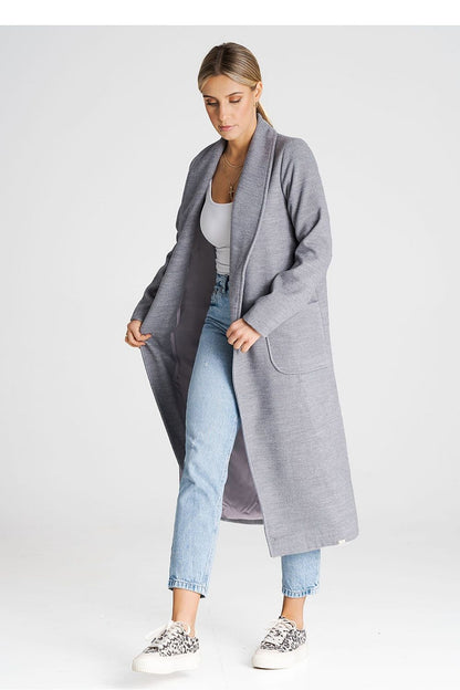 grey belted long sleeve coat back view