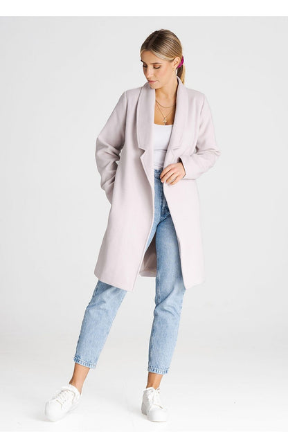 beige belted coat front view