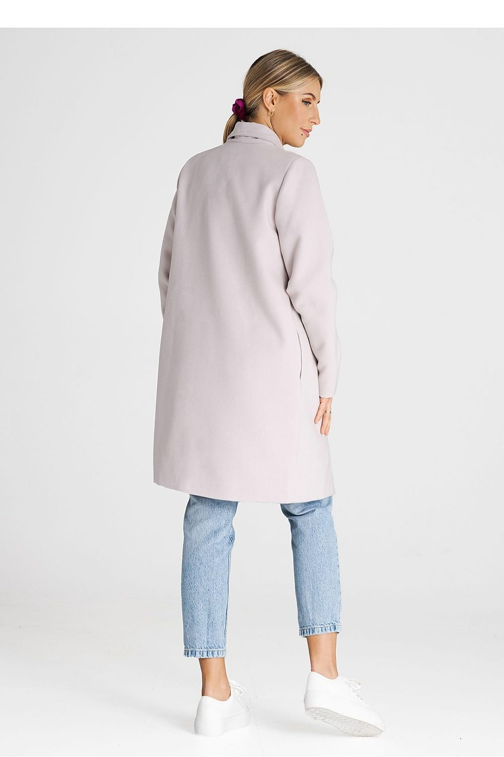 beige belted coat detail view