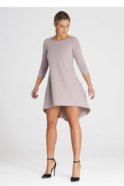 beige pleated asymmetrical cocktail dress back view