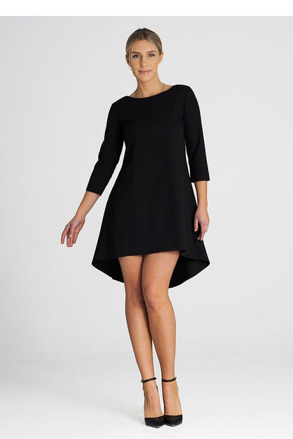 black pleated asymmetrical cocktail dress front view